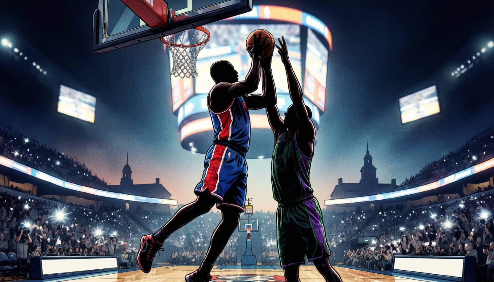 76人对阵雄鹿的NBA比赛示意图